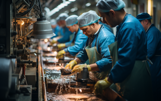 A bustling factory floor, showcasing the production process of frozen foods, with workers and machinery in action