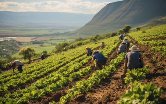 Argentinian farmers practicing no-till farming, with lush crops in the foreground