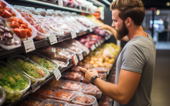 A busy individual selecting frozen Paleo meals in a supermarket