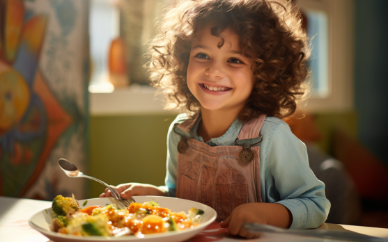 A child joyfully eating a healthy twist on a classic childhood meal