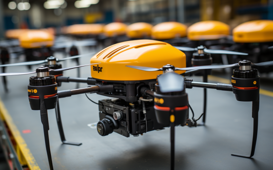 A fleet of drones lined up at a distribution center ready for delivery