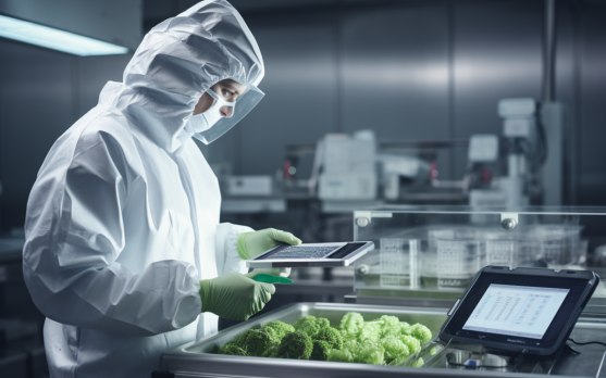A food safety inspector using a portable device in a production facility