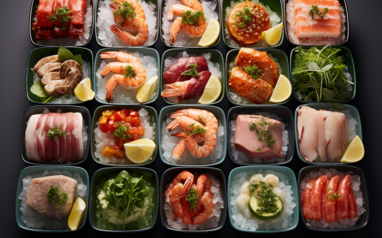 Array of global frozen seafood dishes showcasing diverse preparation methods