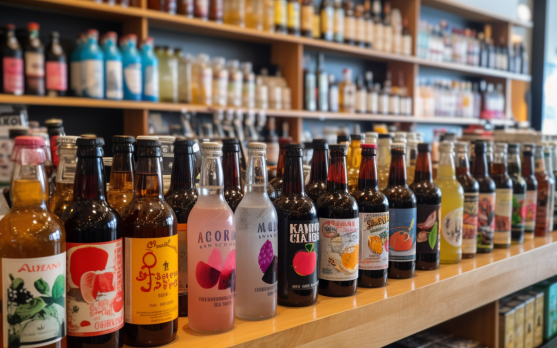 Artisanal non alcoholic beverages showcased in a specialty store