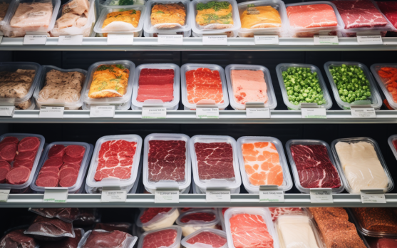 Assortment of high protein frozen meals in a supermarket freezer