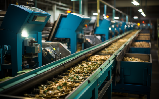 Automated conveyor belts sorting waste in a frozen food manufacturing plant
