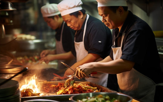 Chefs preparing diverse Halal dishes in a Southeast Asian kitchen