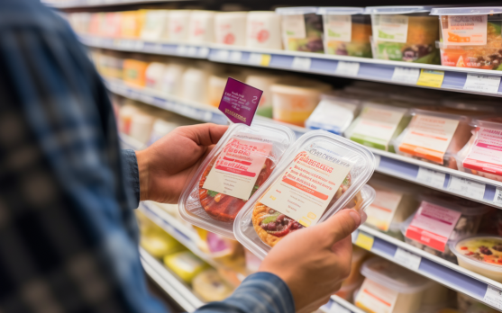 Consumer reading labels on frozen meal packages in a grocery store