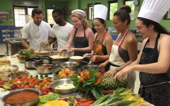 Culinary class teaching traditional cooking techniques of exotic cuisines