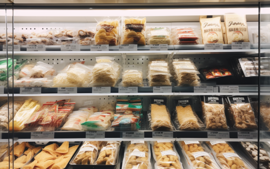 Display of different cultural snack options in a freezer aisle