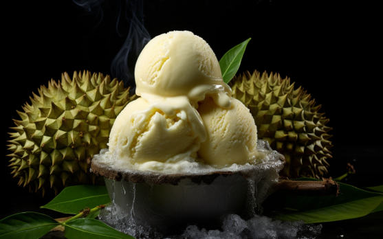 Frozen durian being used in a dessert preparation