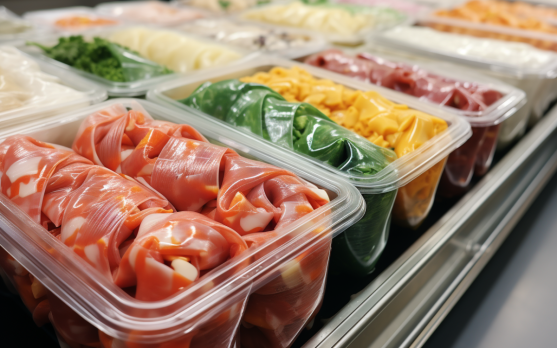 Packaged frozen Asian noodles in a supermarket freezer