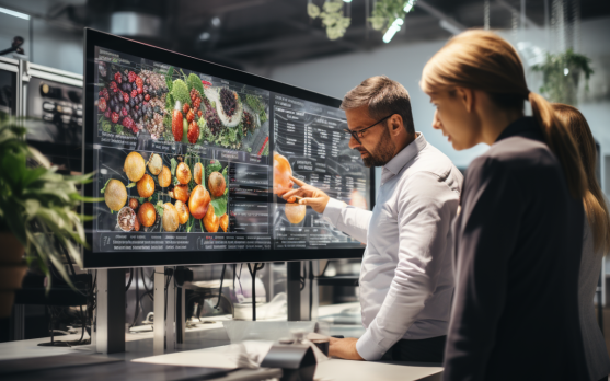 RD team discussing over a computer screen displaying machine learning models for food safety