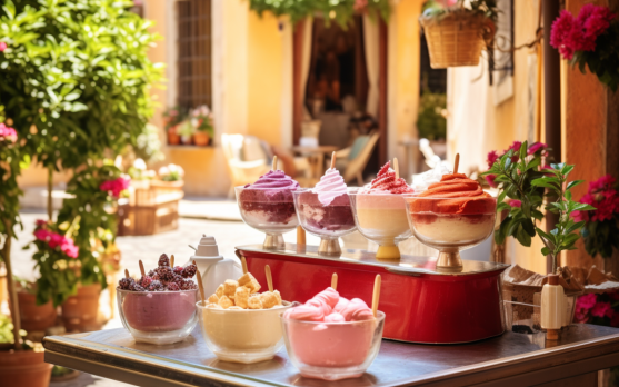 Traditional Italian gelato and sorbet being served in a picturesque gelateria