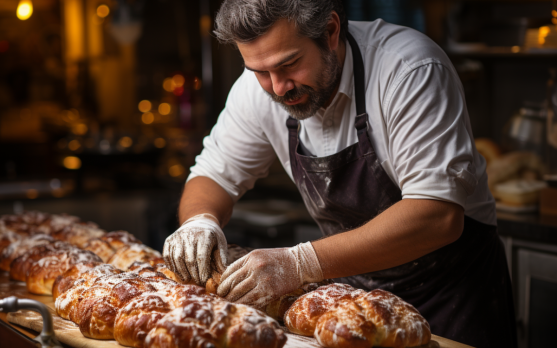 A baker experimenting with keto-friendly ingredients in a commercial bakery setting