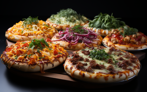 A chef's selection of frozen gourmet pizzas, with a focus on unique ingredient combinations