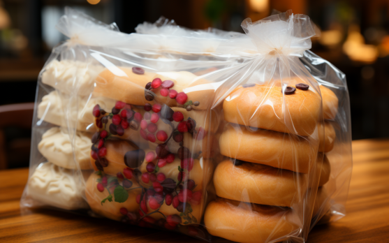 A close-up of biodegradable packaging with a frozen bakery product visible inside