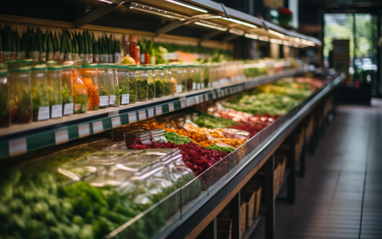 A grocery store aisle with clear signs educating consumers on choosing sustainable food