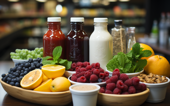 probiotic foods and beverages in a health food store