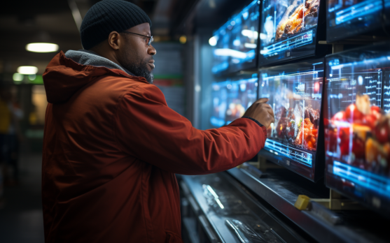 A technician monitoring a frozen food production line with real-time data displayed on screens