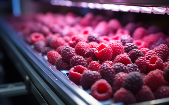 An optical sorting machine in action, processing a batch of frozen berries