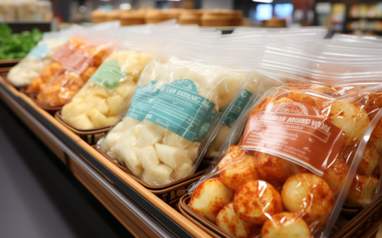 Eco-friendly frozen food aisle showcasing starch packaging