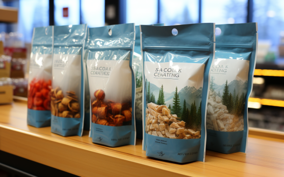 Eco-friendly stand-up pouches in a frozen food aisle