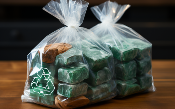 Sustainable packaging with a recycling symbol on frozen products