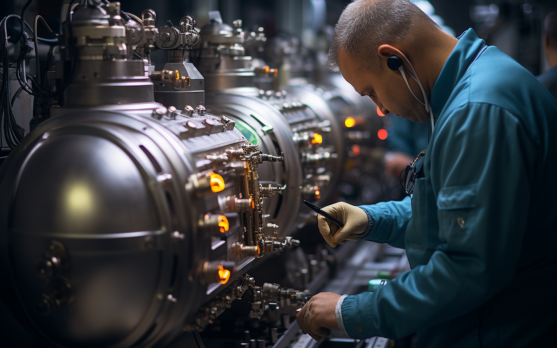 Technicians monitoring cryogenic freezing equipment in a food processing plant