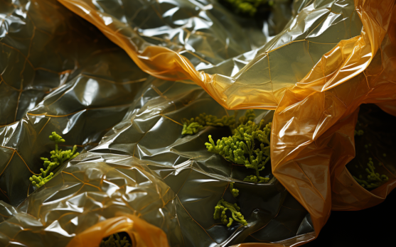 A close-up of seaweed packaging material, emphasizing its texture and flexibility
