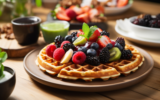 A breakfast table featuring Banzas protein waffles served with healthy toppings