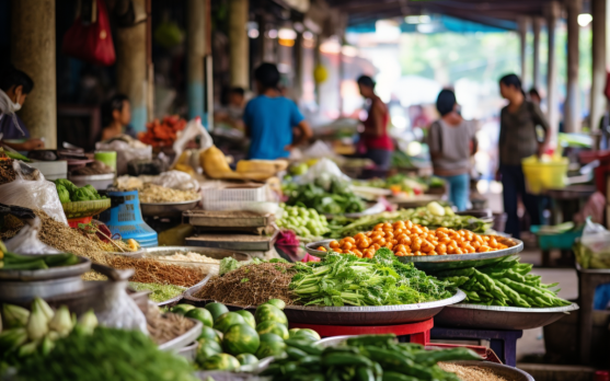 A bustling market in an emerging country showcasing a variety of food products