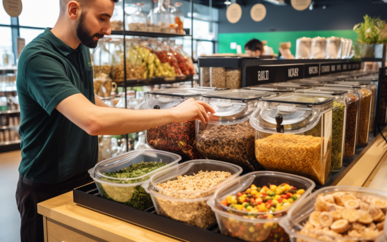 A consumer refilling a durable container with bulk food items