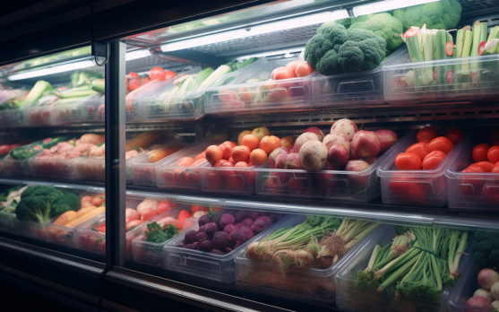 A freezer aisle filled with a variety of frozen organic fruits and vegetables