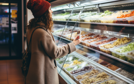 A health conscious consumer choosing frozen plant based proteins in a grocery store