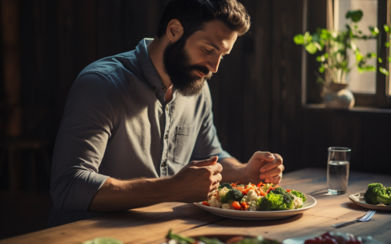 A person practicing mindful eating focusing intently on their meal