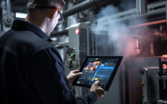 A technician using an AI application on a tablet for monitoring and managing industrial freezers