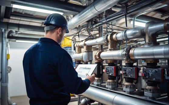 An engineer adjusting a smart defrosting system in a large scale refrigeration unit
