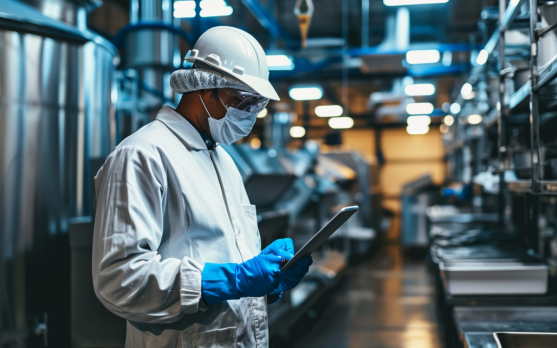 Auditor conducting an in person food safety audit in a food processing facility