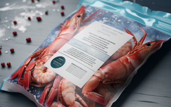 Close up of frozen seafood packaging highlighting its nutritional content