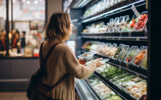 Consumer choosing frozen food with eco friendly packaging in a supermarket
