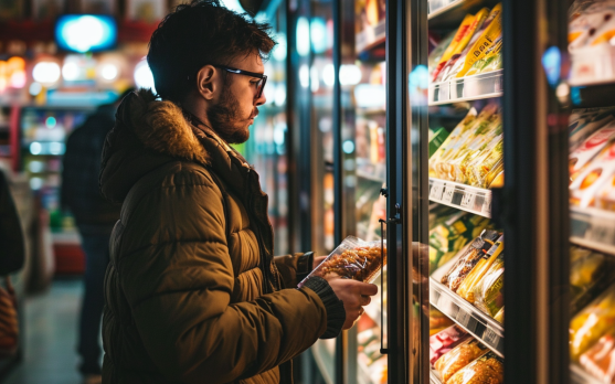Consumer choosing frozen products with sustainable packaging in a store