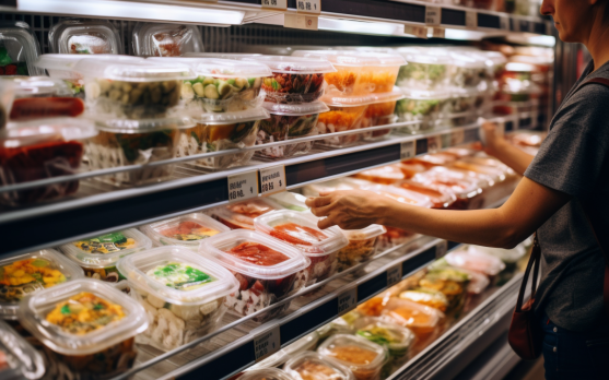 Consumers choosing sustainable plastic packaging products in a supermarket