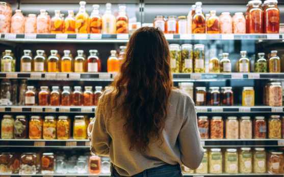 Consumers evaluating products with clear sustainability labels in a supermarket