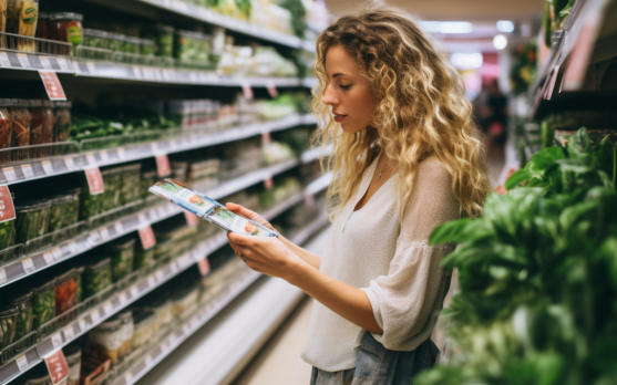 Consumers reading eco friendly packaging labels in a supermarket