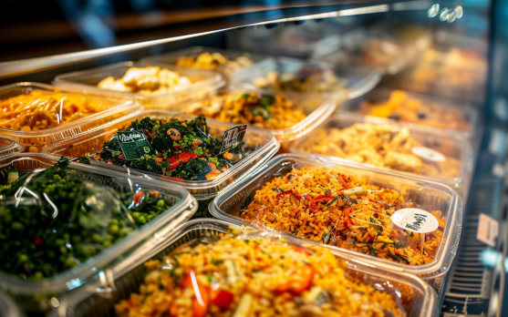 Display of frozen paella and biryani small packs in a supermarket freezer