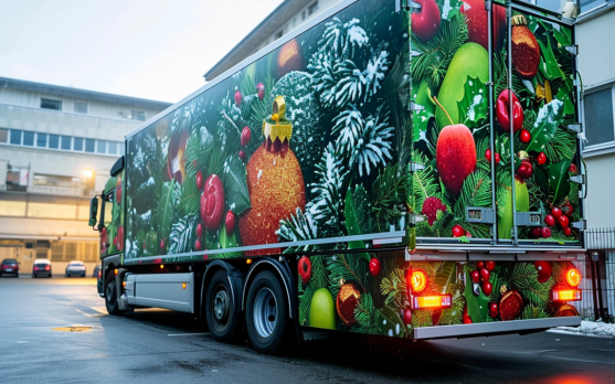 Eco friendly refrigerated truck used for sustainable Christmas deliveries