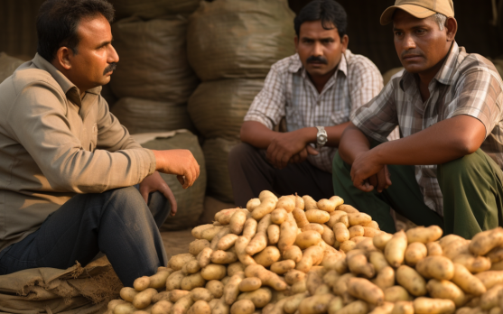 Farmers discussing the impact of trade tariffs on potato cultivation