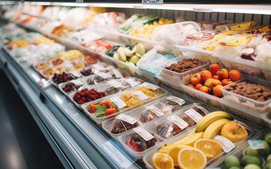 Freezer aisle in a grocery store featuring a variety of healthy frozen snacks