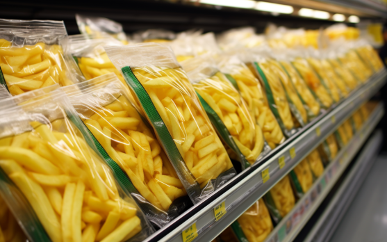 Frozen potato fries packs in supermarket isle 1